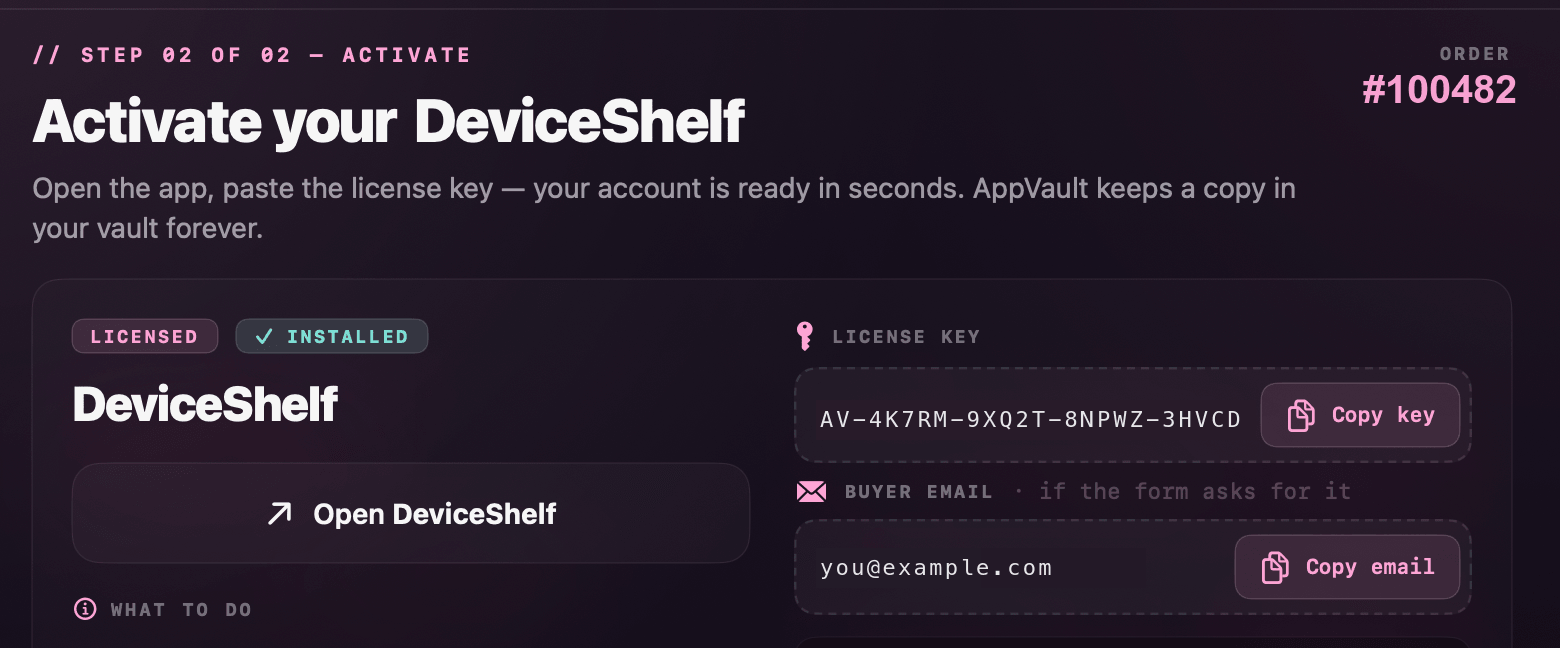 AppVault showing an app's licence key and purchase email ready to copy, with step-by-step activation instructions
