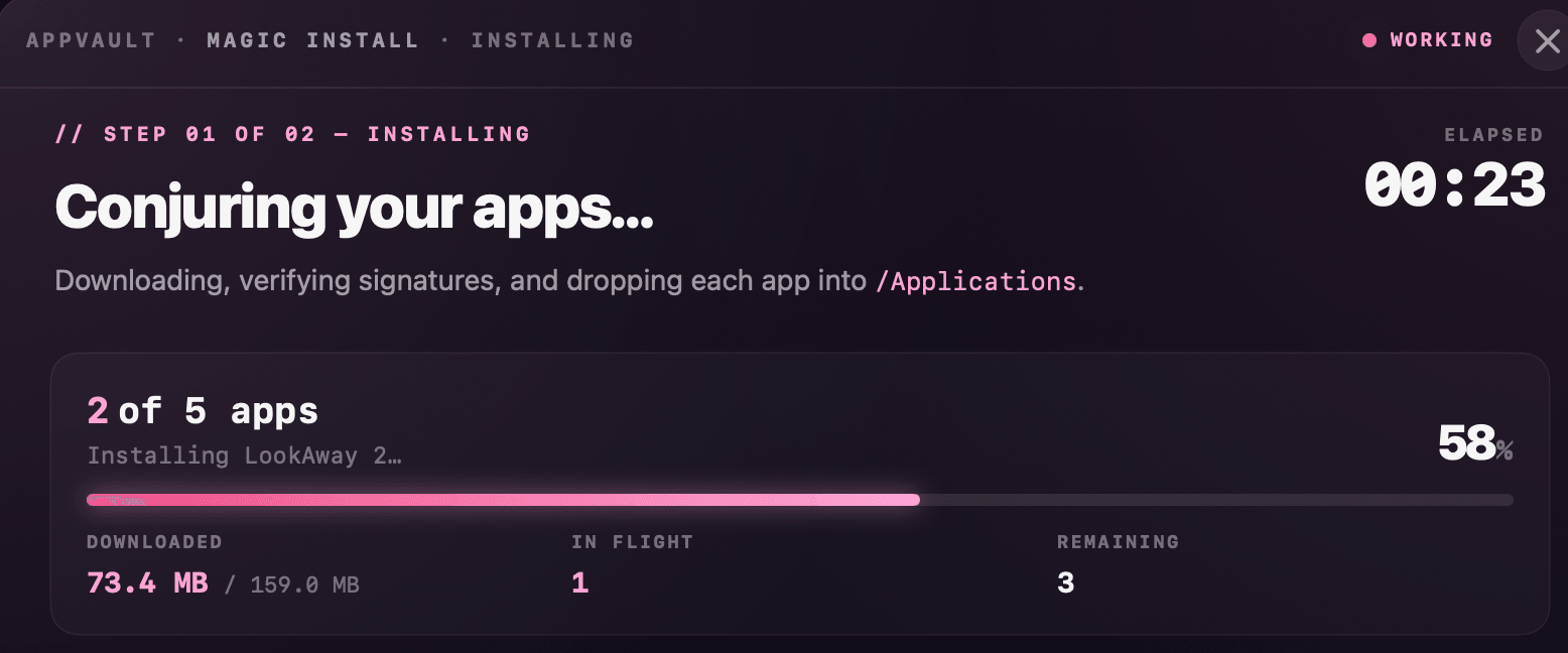 AppVault downloading a BundleHunt order: two of five apps done, 58 per cent, three still queued