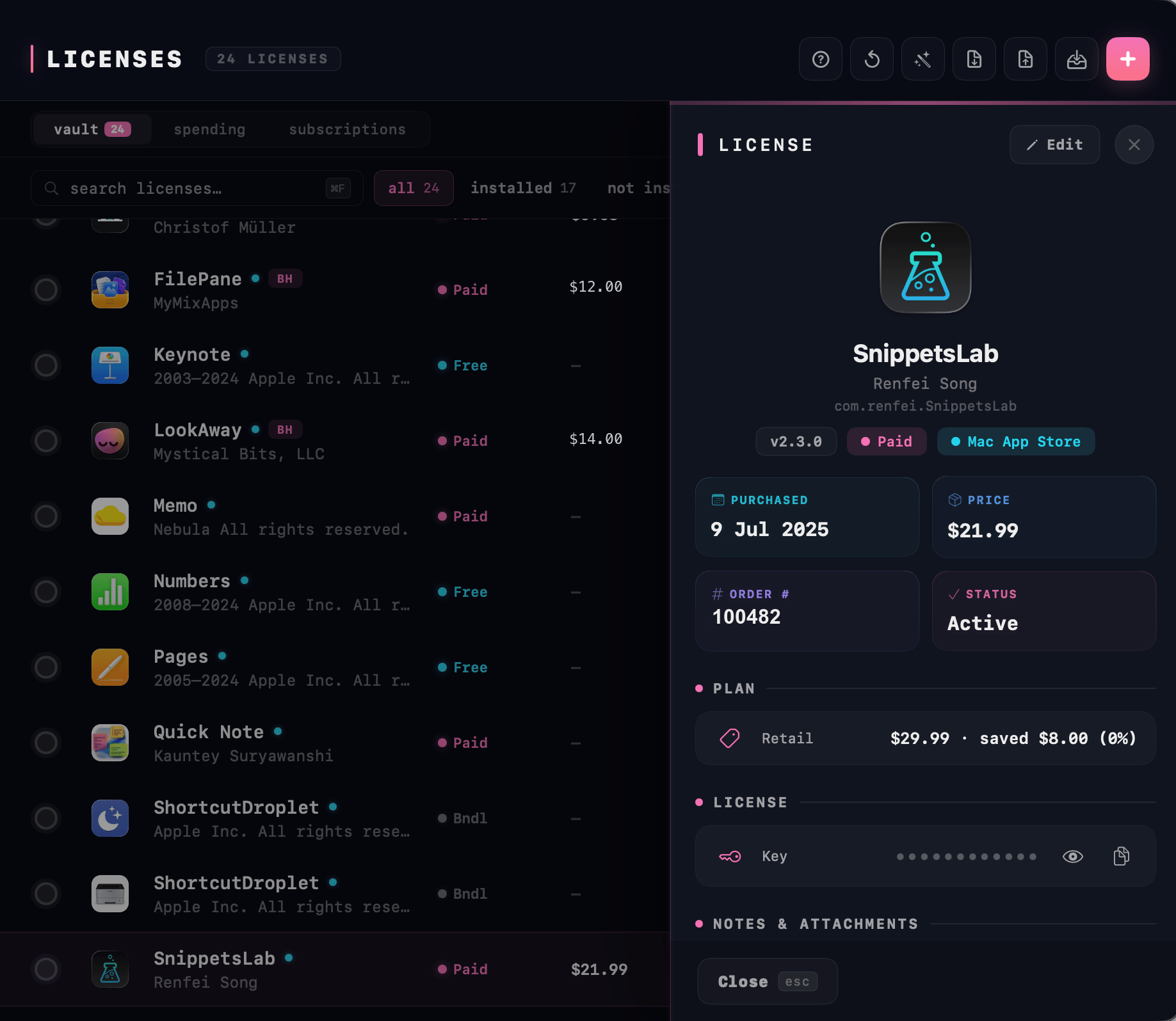 The Licenses vault listing every stored key with its app and order