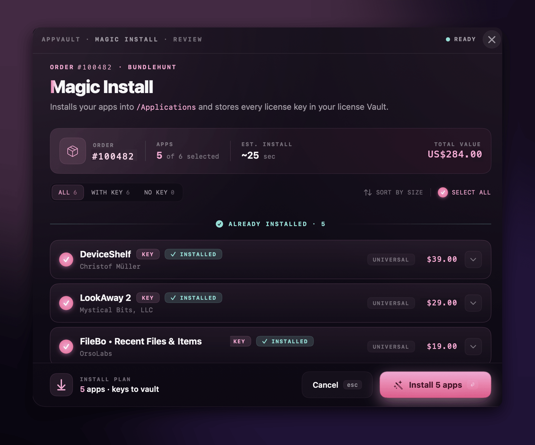 AppVault Magic Install reviewing a BundleHunt order: five apps with their publisher, licence key and value, ready to install into Applications in one click