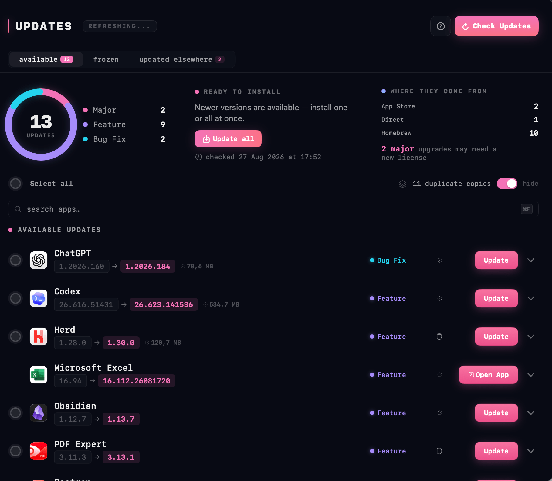 The Updates screen listing available app updates with their version numbers